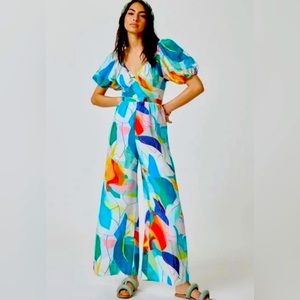 Anthropologie Ranna Gill Colorful Tie Back Jumpsuit NWT Large Linen Bright Print